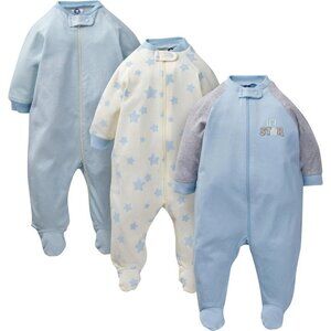 NEW SET OF 3 Gerber Organic Cotton Baby Sleep'n'Plays - Blue Stars 0-3 months